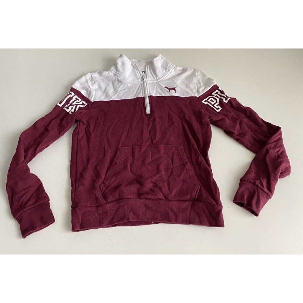 Victoria‎ Secret PINK Maroon White Logo Quarter Zip Pullover Women’s Sz XS